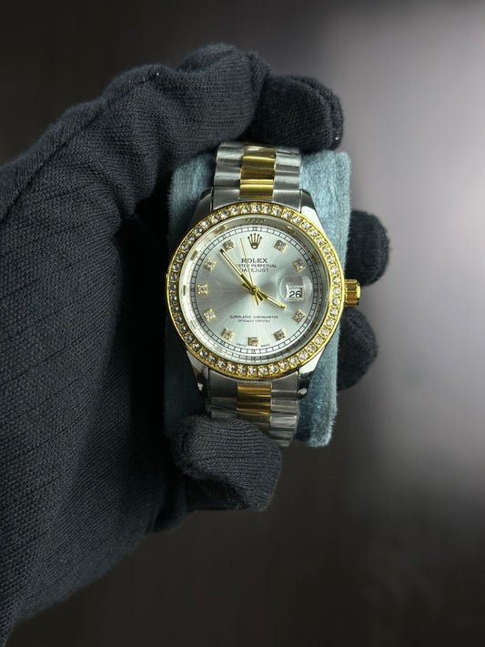 Rolex Oyster Perpetual Datejust – Two-Tone Silver Dial with Diamond Bezel (Replica)