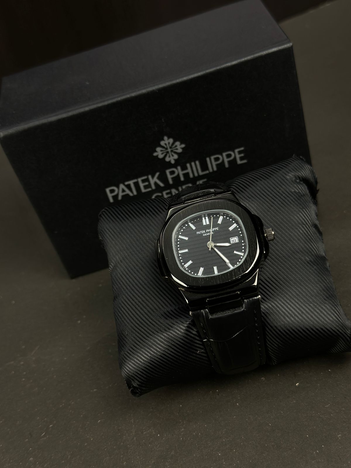 Patek Philippe Nautilus Black Dial Leather Strap