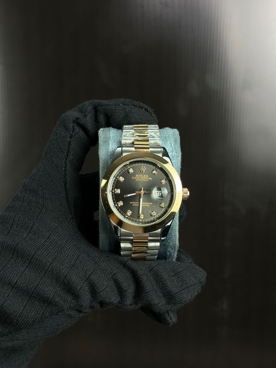 Rolex Oyster Perpetual Datejust – Two-Tone Black Dial with Diamond Markers (Replica)