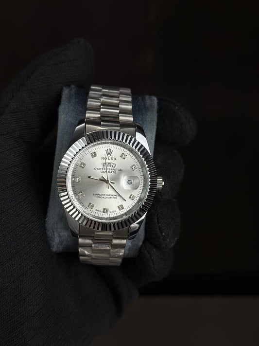 Rolex Day-Date Oyster Perpetual – Silver Dial with Diamond Markers (Replica)